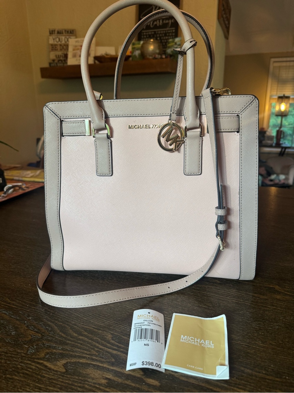Michael Kors Pink and Light Gray Saffiano Satchel with Shoulder Strap